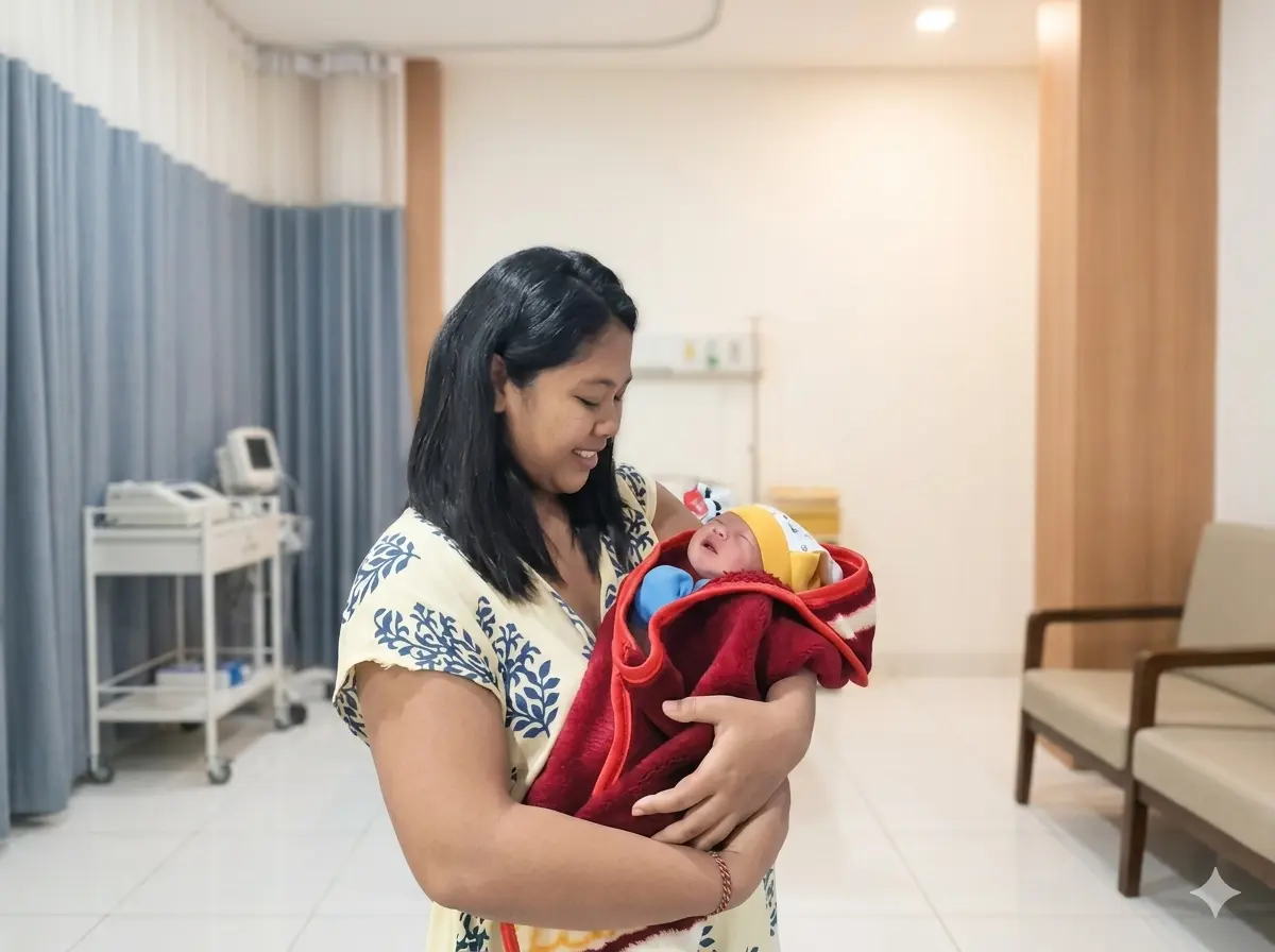A smiling mother holding her newborn baby wrapped in a red blanket at Bali Sehat Clinic in Amed, Bali, after a safe and successful delivery through the free maternity program.