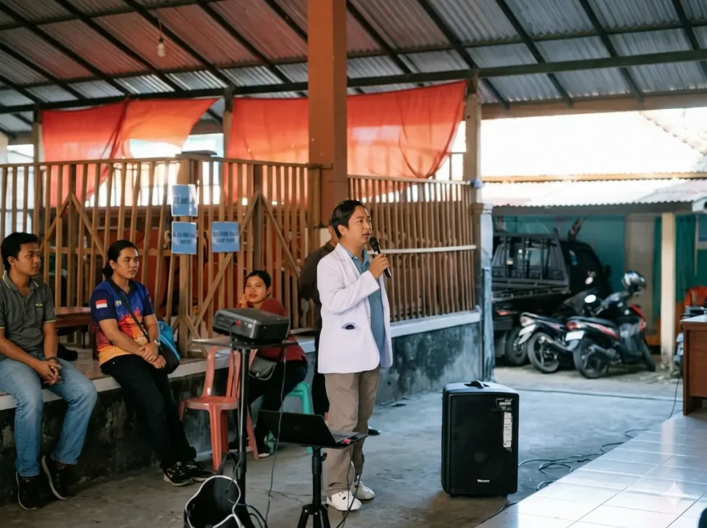 A Bali Sehat doctor in a white coat speaking into a microphone at a community outdoor stage during the free health service event in Tiying Tali village, Bali.