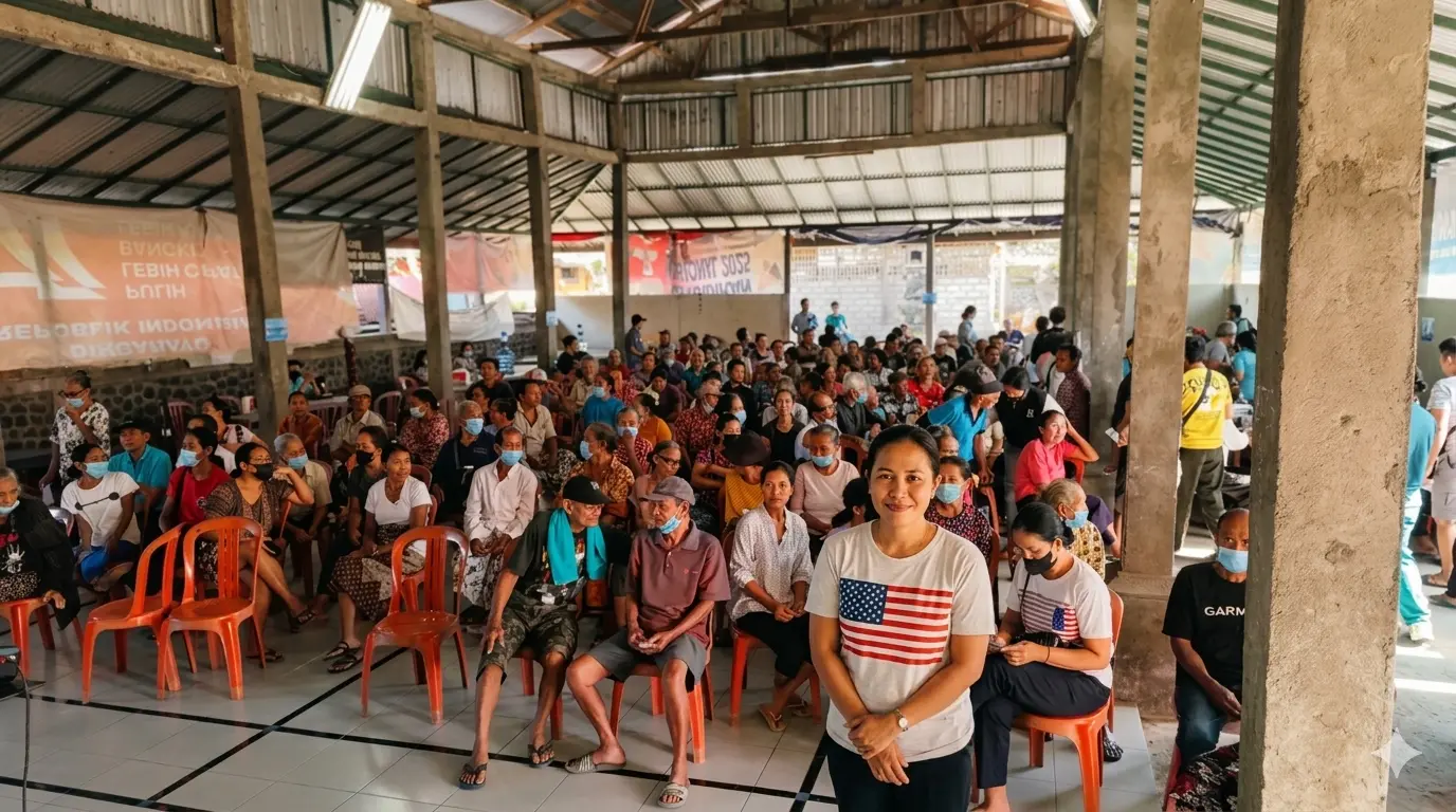Elderly residents wearing face masks seated at a table waiting to be seen at Bali Sehat's free community health service event in Tiying Tali village, Bali, with a crowd of community members visible in the background.