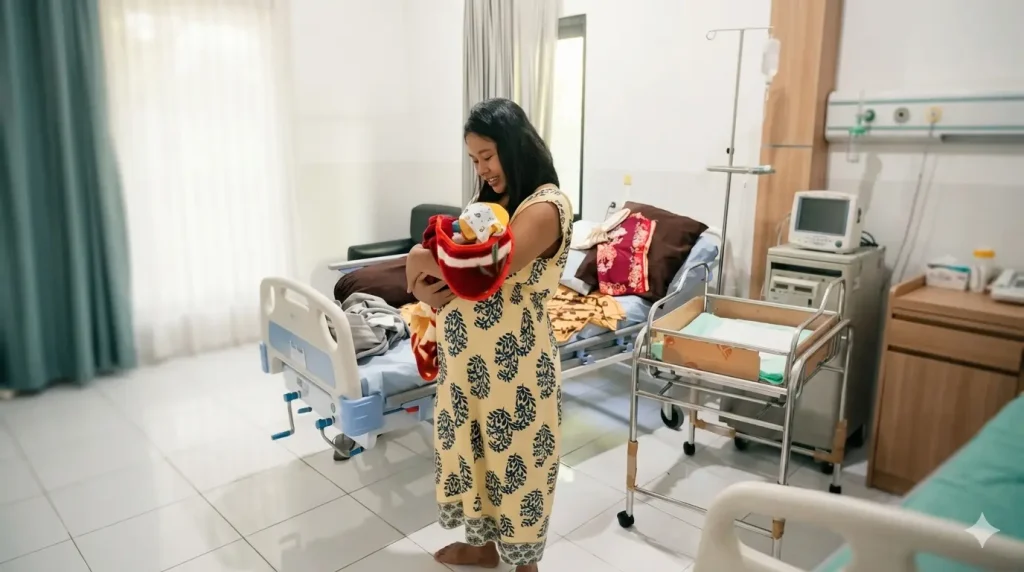 A Bali Sehat doctor in a blue uniform handing a welcome gift bag to a new mother holding her newborn in the maternity ward of Bali Sehat Clinic, Amed, Bali.