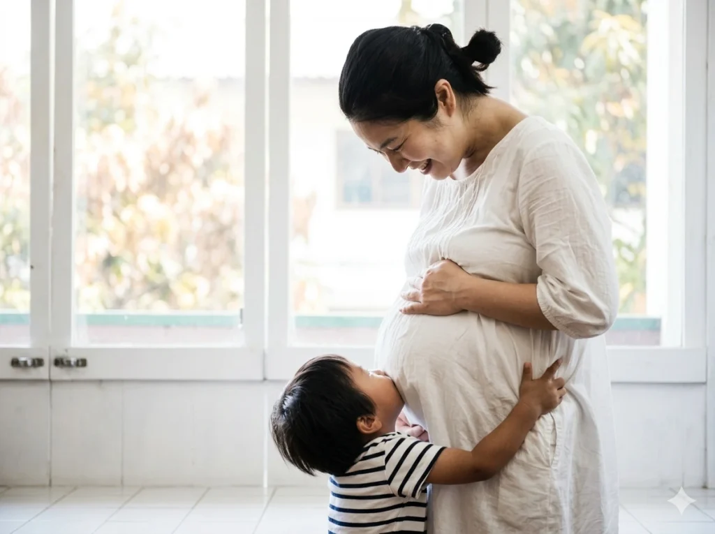 A pregnant mother in a white dress standing by a bright window, gently cradling her baby bump while her young child leans in close, representing the importance of maternal and family health awareness during pregnancy in Bali.