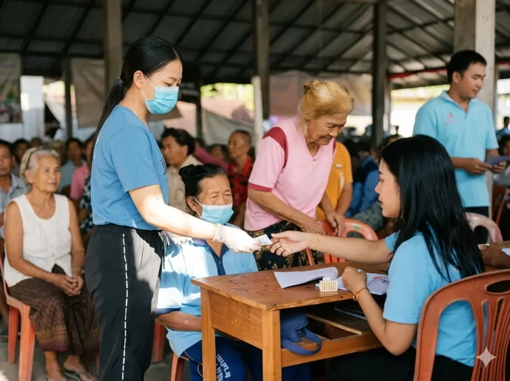 Bali Sehat volunteers in blue uniforms registering elderly community members at a wooden table during a free health outreach event in Tiying Tali village, Bali.