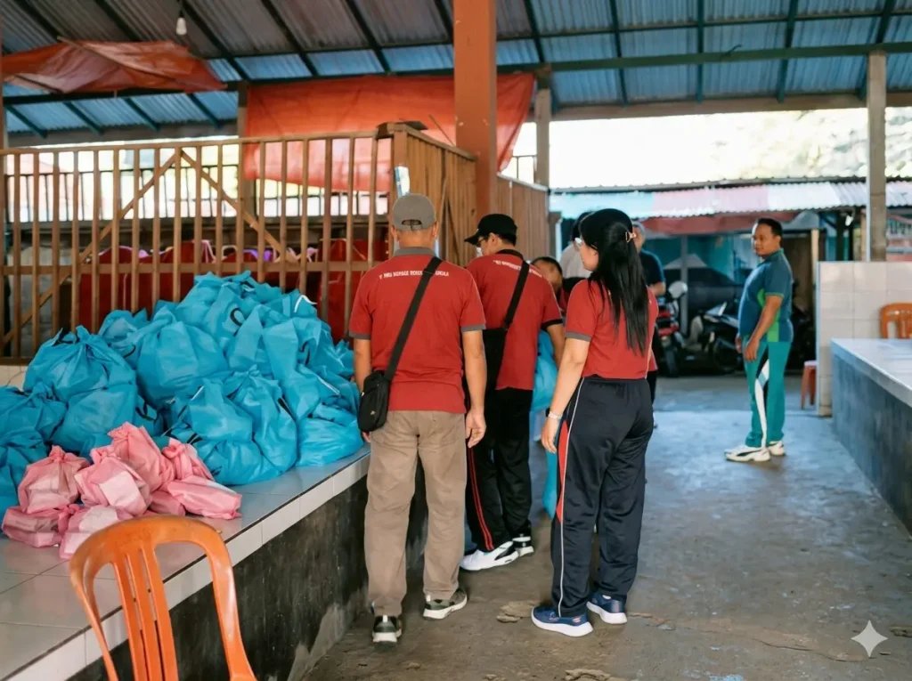 Bali Sehat volunteers in red uniforms organizing blue supply bags before the 27th community health service event in Tiying Tali village, Bali.