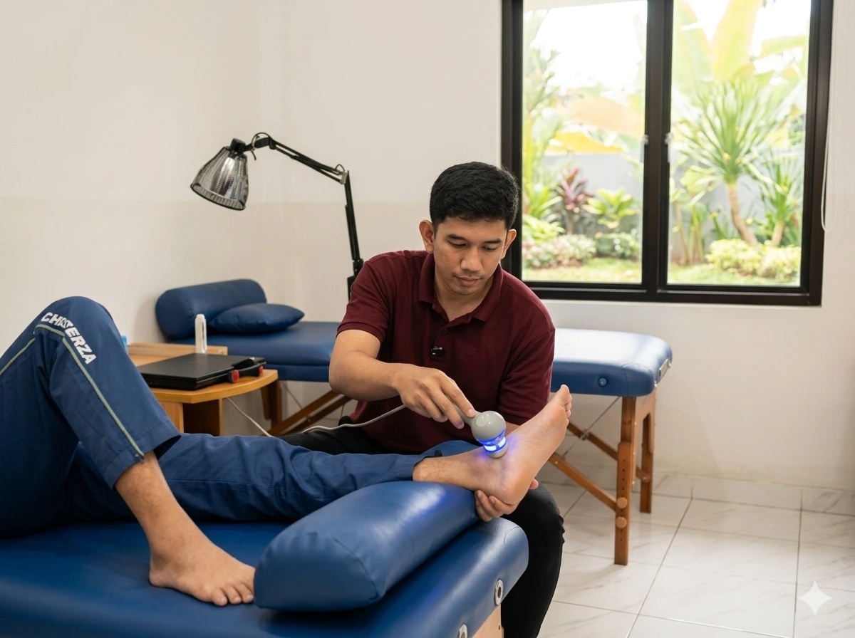 A Bali Sehat physiotherapist applying an ultrasound therapy probe to a patient's ankle on a blue treatment table, in the physiotherapy room at Bali Sehat Clinic, Amed, Bali.