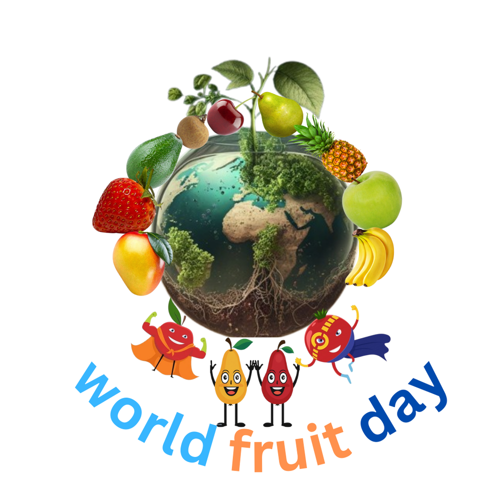 World Fruit Day 2026 poster with Earth surrounded by fresh fruits and cartoon mascots