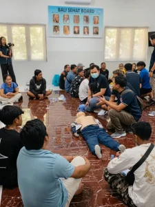 Bali Sehat trainer leads a CPR demonstration on a training manikin while community participants from Tulamben and Amed watch closely.