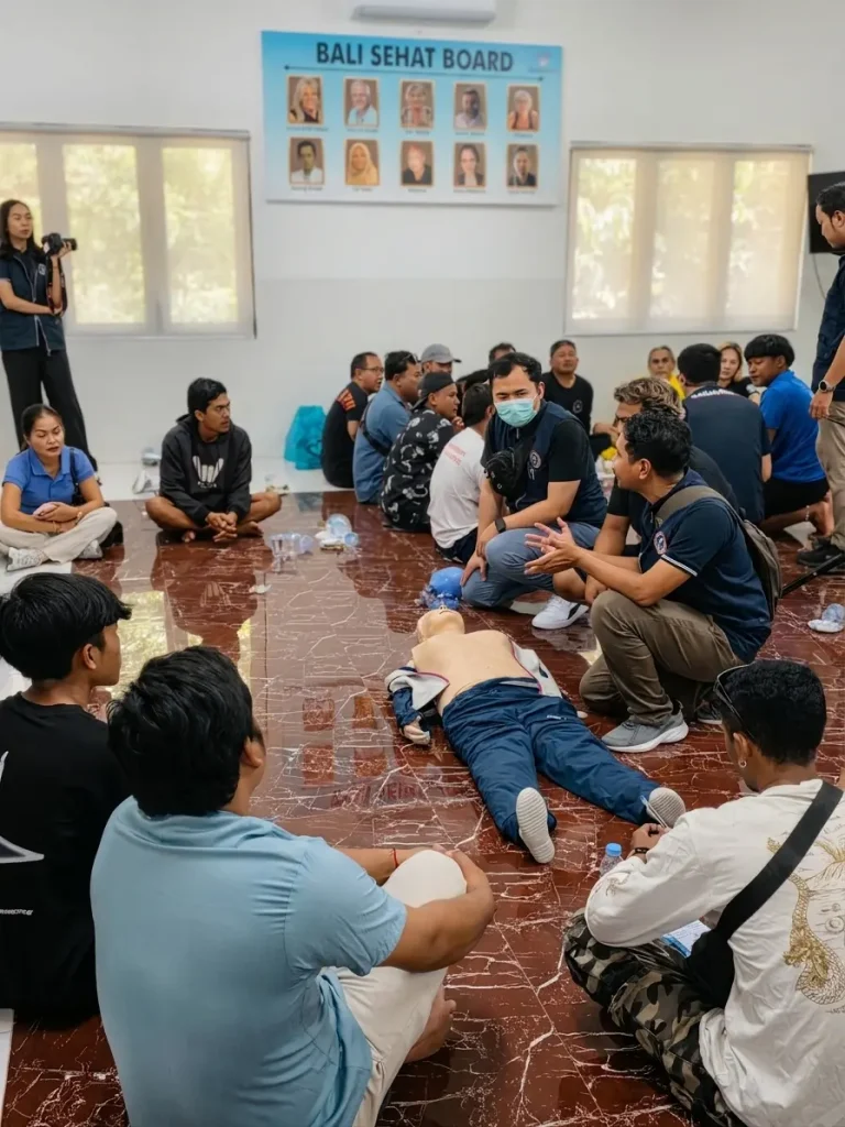 Bali Sehat trainer leads a CPR demonstration on a training manikin while community participants from Tulamben and Amed watch closely.