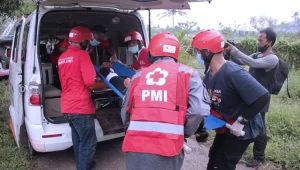 PMI volunteers transferring a patient on a stretcher into an ambulance in East Bali